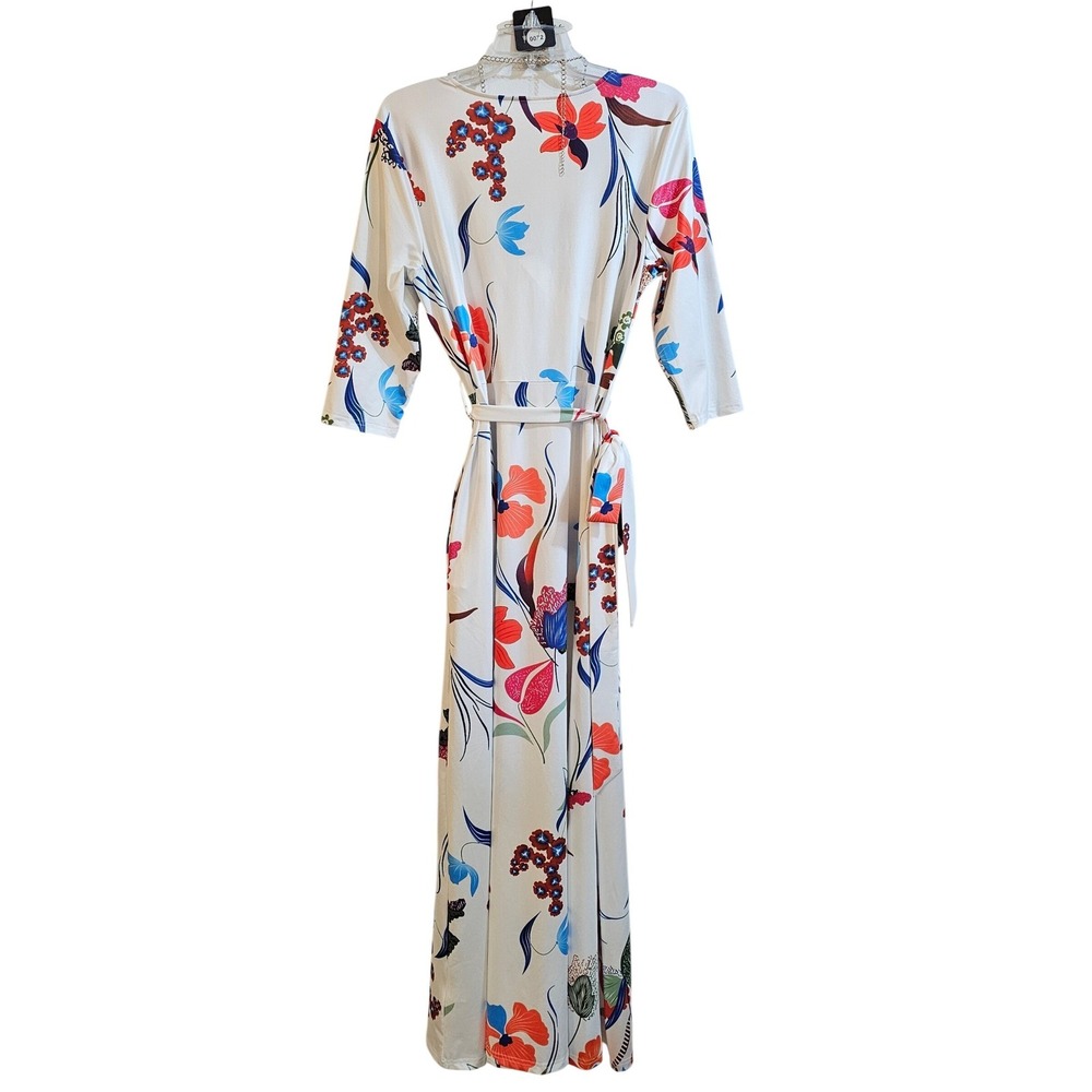 Womens Tropical Floral Wrap Maxi Dress‎  3/4 Sleeve Large w/ necklace & earrings - Picture 3 of 7